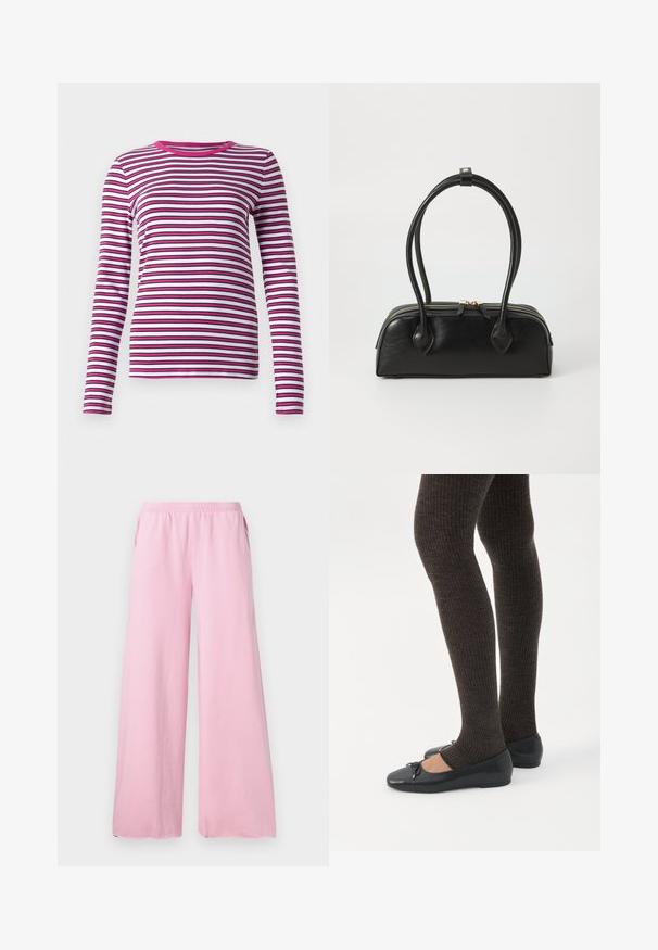 Camiseta de manga larga y acanalada en blanco, rosa y negro con rayas horizontales. Presenta un escote redondo rosa y una silueta ajustada.; Pantalones de pierna ancha rosa, hechos de una tela suave, con una cintura elástica y bolsillos laterales. Presenta un corte recto y fluido.; Piernas con leggings oscuros acanalados combinados con bailarinas negras que presentan pequeños detalles de lazo sobre un fondo blanco.; Bolso de mano de cuero negro con dos asas alargadas, cierre de cremallera y forma redondeada; textura suave con un acabado ligeramente brillante.