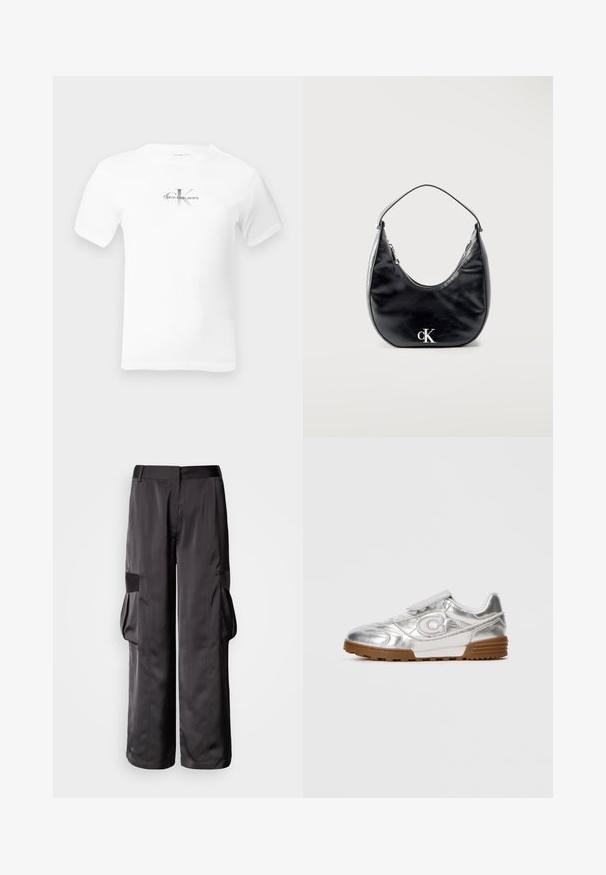 T-shirt blanc à manches courtes et col rond avec petit logo "CK Calvin Klein Jeans" centré en noir et gris sur la poitrine.; Pantalon cargo noir en tissu lisse, avec jambes larges, grandes poches latérales et taille plate avec détails accentués.; Sneaker métallique argenté avec un logo "C" blanc, des lacets blancs et une semelle en caoutchouc marron, présenté sur le côté sur un fond clair uni.; Sac à main en cuir noir en forme de croissant avec une sangle courte et un logo "cK" argenté sur le devant, fermeture éclair en haut.