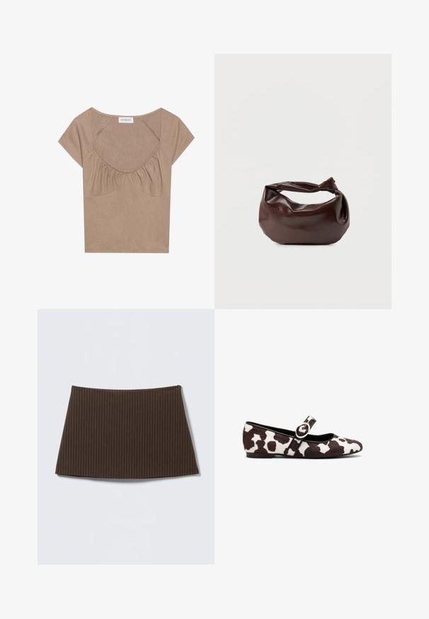 Καφέ ριγέ crop top με φαρδύ ανοιχτό λαιμό, κοντά μανίκια, και πτυχώσεις κάτω από το στήθος. Μαλακή υφή με υποτυπώδη γυαλάδα.; Καφέ φούστα με ρίγες, εφαρμοστή σχεδίαση, λεία υφή και καμπυλωτό τελείωμα, ιδανική για ένα ραμμένο στην μέτρηση στυλ.; Μπαλαρίνα σε λευκή και καφέ γούνινη εκτύπωση από αγελάδα, με στρογγυλή μύτη και strap με λεπτομέρεια κυκλικής πόρπης. Επίπεδη σόλα.; Σκούρα καφέ δερμάτινη τσάντα ώμου με μαλακό, χαλαρό σχήμα και λαβή με στριμμένο κόμπο σε απλό λευκό φόντο.