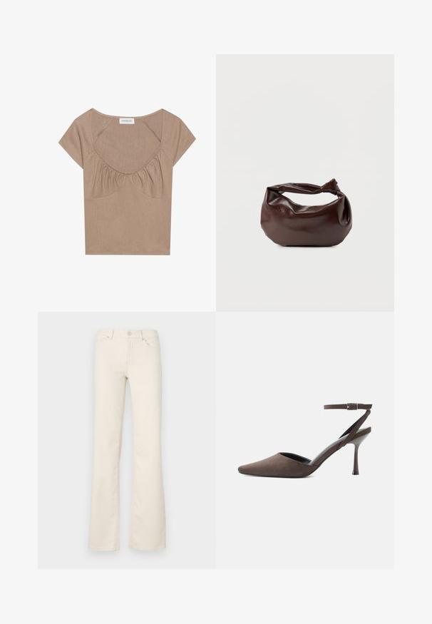 Crop top marron à côtes, avec un large col en scoop, des manches courtes et des détails froncés sous la poitrine. Texture douce avec un léger éclat.; Pantalons beiges évasés en mélange de coton, dotés de poches standard, d'une fermeture à bouton sur le devant et de détails de couture le long des coutures.; Chaussure à talon haut en daim marron à bout pointu, avec une fine bride de cheville et une boucle argentée sur fond blanc.; Sac bandoulière en cuir marron foncé avec une forme souple et décontractée et une anse nouée torsadée sur un fond blanc uni.