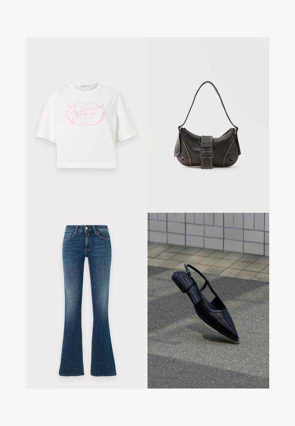 Weißes, kurz geschnittenes T-Shirt mit pinkfarbenem Herz- und Chilischoten-Grafik sowie dem Text "Chica Caliente" mittig auf der Brust.; Blaue Denim-Hosen mit hoher Taille und leichtem Verblassen, vorderen Taschen, Knopf, Reißverschluss und ausgestellten Beinen vor einem schlichten hellen Hintergrund.; Schwarzer, spitz zulaufender Slingback-Flachschuh, der über einer Asphaltfläche neben einem gefliesten Bürgersteig schwebt.; Schwarze Leder-Schultertasche mit Schnallengurt-Detail, abgerundeten Kanten und kontrastierenden weißen Nähten auf schlichtem Hintergrund.