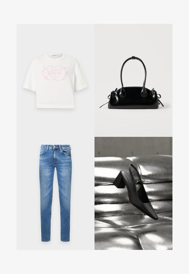 Hvid croppet T-shirt med lyserødt hjerte og chilipebergrafik samt teksten "Chica Caliente" centreret på brystet.; Lyseblå denimjeans med slim fit. Funktioner inkluderer en knaplukning, fem lommer og en slidseffekt på lårene.; Sort slingback-hæl med spids tå, der har en tekstureret overflade og en chunky blokhæl. Lagt mod en skinnende, metallisk baggrund.; Lille sort blank håndtaske med to lange håndtag og snøre-detaljer i siden på en ensfarvet lys baggrund.