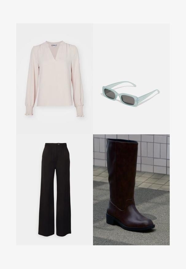 Langærmet blush bluse med V-hals, samlet skulder og smockede manchetter, lavet af letvægtsstof. Simpelt, elegant design.; Sorte vide ben bukser lavet af et glat stof, med en frontknaplukning og to frontfolder for ekstra detaljer.; Mørkebrun læderstøvle til midt på læggen med rund tå og lav blokhæl, der står på fortov nær flisebelagt væg.; Et par rektangulære solbriller med lyseblå gennemsigtige stel og mørkegrå linser, der har lige templer og minimale hardware detaljer.