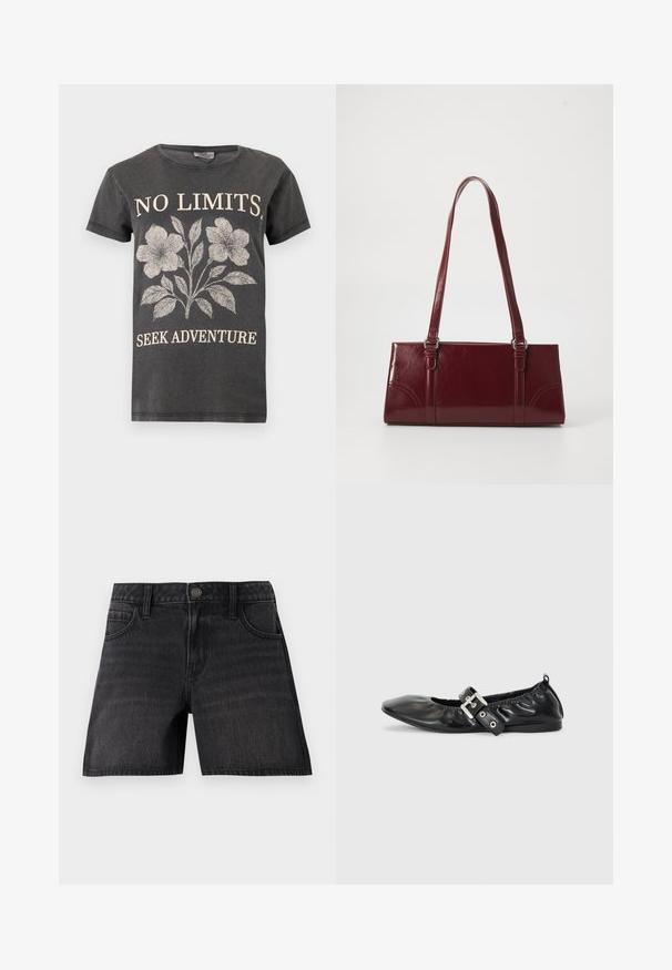 Dunkelgraues T-Shirt mit leichtem Blumendesign und dem Text „NO LIMITS.“ über den Blumen und „SEEK ADVENTURE“ darunter auf der Vorderseite.; Schwarze Denim-Shorts mit klassischem Schnitt, fünf Taschen, Knopfverschluss und subtiler Ausbleichung der Stofftextur.; Schwarze Leder-Ballerinas mit spitzem Zehenbereich, gerafften Details am Schaft und einem silbernen Schnallenakzent am verstellbaren Riemen.; Burgunderfarbene Handtasche aus glänzendem Material, rechteckige Form, mit zwei Schulterriemen und subtilen, geschwungenen Akzenten an der Vorderseite.
