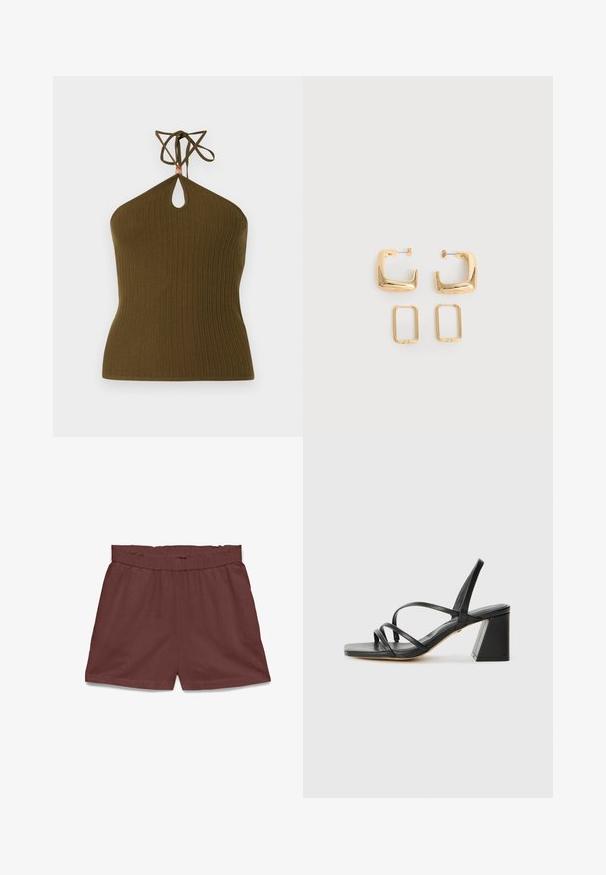 Haut dos nu tricoté vert olive avec texture côtelée, découpe en trou de serrure sous l'encolure et bretelles à nouer au cou avec un petit détail en perle.; Short marron à taille élastique avec un design simple, sans motifs ni poches visibles, affiché sur fond blanc.; Sandales noires à talons avec un bout carré, présentant plusieurs fines bretelles et un talon bloc géométrique. Texture en cuir lisse et design minimaliste.; Deux paires de Boucles d'oreilles créoles géométriques dorées sur une surface blanche unie, une paire carrée et pleine, une paire rectangulaire et creuse.