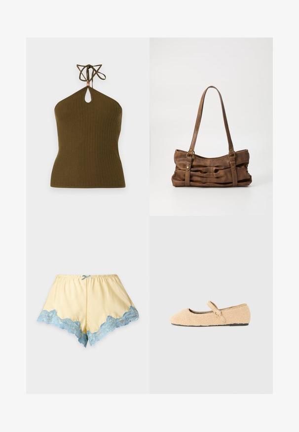 Haut dos nu tricoté vert olive avec texture côtelée, découpe en trou de serrure sous l'encolure et bretelles à nouer au cou avec un petit détail en perle.; Shorts de nuit en satin jaune avec une bordure en dentelle bleu clair à l'ourlet et un petit nœud bleu à la taille élastique sur fond blanc.; Chaussure plate Mary Jane en beige peluche avec bout arrondi, sangle réglable avec boucle circulaire et semelle noire sur fond blanc.; Even&Odd by Zalando Sac à main - brown