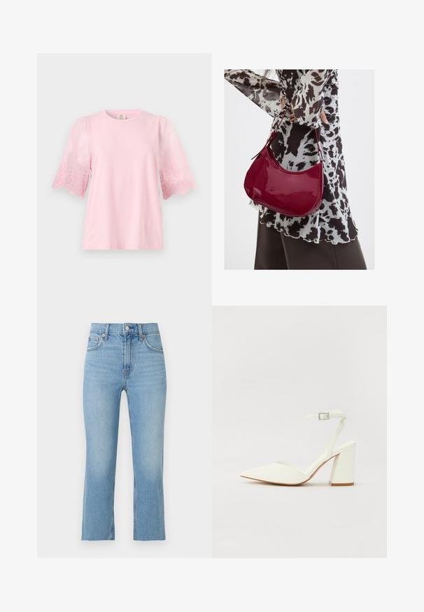 Blouse rose clair à manches courtes avec un col rond et des détails en dentelle ajourée sur les manches évasées.; Jean en denim bleu clair avec coupe droite, fermeture par boutons à l'avant, passants de ceinture et cinq poches sur un fond blanc uni.; Sandale blanche à talon avec un bout pointu, sangle de cheville réglable et un talon carré épais. Texture lisse avec des détails de couture minimaux.; Femme portant un chemisier à motif noir et blanc tenant un sac à main rouge brillant sur un fond uni.