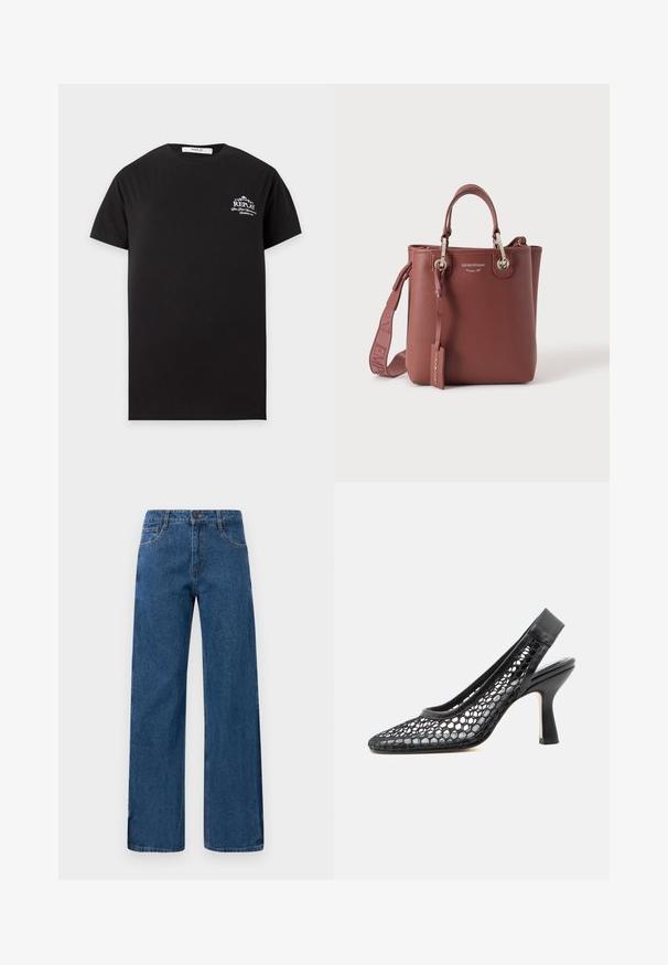 Zwart T-shirt met korte mouwen en een ronde hals met klein wit Replay-logo en tekst op de linkerborst tegen een lichtgrijze achtergrond.; Blauwe high-waisted wijdijjeans met voor- en achterzakken, knoopsluiting en zichtbare stiksels op een witte achtergrond.; Zwarte slingback hoge hakken met bovenwerk van mesh met zeshoekige patronen en een spitse neus, afgebeeld op een witte achtergrond.; Bruine leren handtas met bovenhandvatten, afneembare schouderriem en zilverkleurige beslagstukken, met het merk "Emporio Armani".