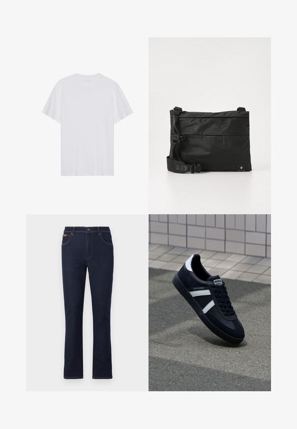 Weißes Baumwoll-T-Shirt mit kurzen Ärmeln, Rundhalsausschnitt und glatter Textur. Verfügt über eine minimale Markenkennzeichnung am Halsausschnitt.; Dunkelblaue Jeans mit geradem Bein, vorderem Knopf und Reißverschluss, Taschen vorne und hinten sowie braunen Nähten.; Schwarze Leder-Sneaker mit weißen Streifen, strukturiertem Gummisohle und Schnürung. Verfügt über ein Markenetikett auf der Zunge.; Schwarze Nylon-Umhängetasche mit verstellbarem Riemen, flachem Design und seitlichem Etikett mit Logo. Glatte Textur und minimalistischer Stil.