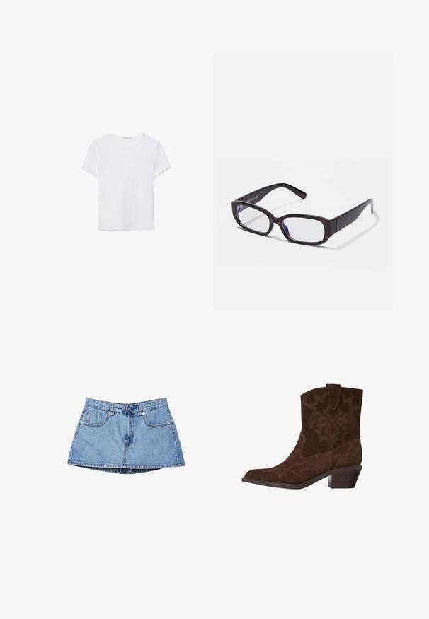 Weißes kurzärmliges T-Shirt aus weichem Stoff. Hat einen runden Halsausschnitt und ein einfaches, sauberes Design mit geradem Saum.; Blauer Jeans-Minirock mit vorderen Knöpfen, Reißverschluss, Gürtelschlaufen und zwei Vordertaschen vor weißem Hintergrund.; Braune Wildleder-Cowboy-Stiefel mit spitzem Zeh, dekorativen Stickmustern, Knöchelhöhe und gestapeltem Absatz. Mit einer Zuglasche für einfaches An- und Ausziehen.; Braune Schildpatt-Rechteckbrille mit klaren Gläsern und schlanken Bügeln, die eine glatte Textur und ein minimalistisches Design zeigen.