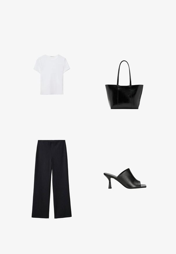 T-shirt blanc à manches courtes en tissu doux. Dispose d'un col rond et d'un design simple et épuré avec un ourlet droit.; Pantalon large à rayures fines noires avec une texture lisse et une taille haute. Le tissu a un léger éclat et tombe de manière fluide.; Mules ouverts en cuir noir au design épuré, avec une texture subtile et un talon bloc effilé pour plus de stabilité.; Grand sac fourre-tout noir avec de longues poignées et une texture en cuir lisse légèrement brillante, centré sur un fond blanc.
