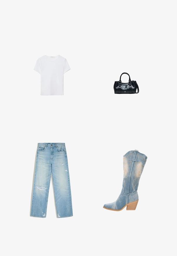 Weißes kurzärmliges T-Shirt aus weichem Stoff. Hat einen runden Halsausschnitt und ein einfaches, sauberes Design mit geradem Saum.; Hellblaue, ausgewaschene Jeans mit geradem Schnitt, mit distressed Rissen am Oberschenkel, Knie und nahe den Bündchen.; Denim-Cowboystiefel in Hellblau mit spitzem Zehenbereich, strukturiertem Obermaterial und dekorativen goldenen Nähten. Leicht gebogener Holzabsatz.; Schwarze Lederhandtasche mit zwei oberen Griffen, dekorativen Schnallen und abnehmbarem Schulterriemen auf weißem Hintergrund.
