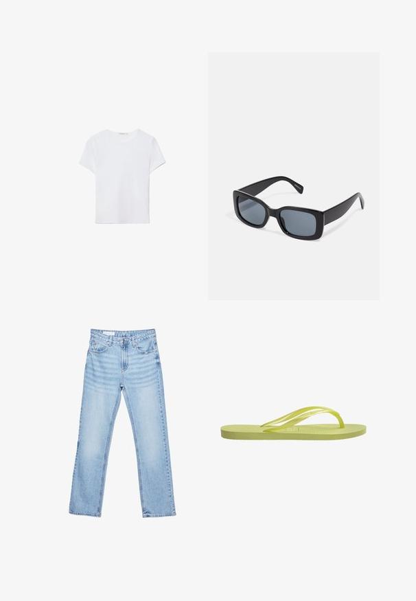 T-shirt blanc à manches courtes en tissu doux. Dispose d'un col rond et d'un design simple et épuré avec un ourlet droit.; Jean en denim bleu clair à coupe droite avec cinq poches et une fermeture par bouton à la taille, posé à plat sur un fond blanc.; Tongs vert lime avec semelle côtelée, fines lanières et semelle intérieure texturée. Fabriquées en caoutchouc, elles présentent un design minimaliste et une finition lisse.; Lunettes de soleil rectangulaires noires avec des verres teintés foncés, monture en plastique épaisse et branches larges. Surface lisse et design angulaire.