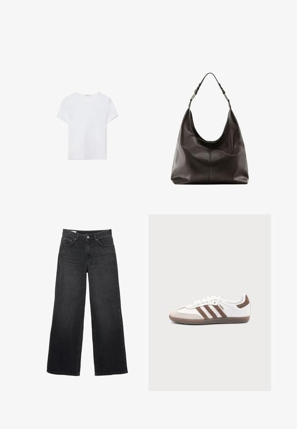 Hvid kortærmet t-shirt lavet af blødt stof. Har en rund halsudskæring og et simpelt, rent design med en lige underkant.; Sorte viddebukser i jeans med høj talje, lukning med forreste knap og lynlås, bæltestropper og femlommesdesign.; Hvid Adidas Samba sneaker med brune ruskindstriber, brun gummisål og beige ruskindståhætte, vist fra ydersiden på en ensfarvet baggrund.; Sort læder hobo skuldertaske med justerbar strop og synligt centralt syningsmønster på en glat overflade.