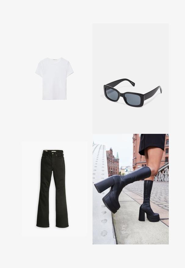 Weißes kurzärmliges T-Shirt aus weichem Stoff. Hat einen runden Halsausschnitt und ein einfaches, sauberes Design mit geradem Saum.; Schwarze Schlagjeans aus Denim. Verfügt über ein klassisches Fünf-Taschen-Design mit Reißverschluss, robuster Naht und sauberem Saum.; Schwarze knöchelhohe Plateaustiefel aus glattem Leder, mit dicken quadratischen Absätzen und einem eleganten Design, vor einer Stadtkulisse.; Schwarze rechteckige Sonnenbrille mit dunkel getönten Gläsern, dickem Kunstrahmen und breiten Bügeln. Glatte Oberfläche und kantiges Design.