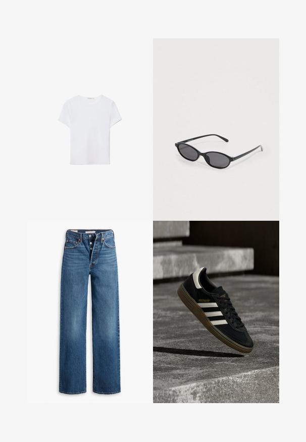 Hvid kortærmet t-shirt lavet af blødt stof. Har en rund halsudskæring og et simpelt, rent design med en lige underkant.; Blå denim jeans med en vid benstruktur, fem lommer, knaplukning og kontraststing. Strukturstof med en falmet overflade.; Sort Adidas-sneaker med hvide striber og gummisåler, svævende over grå betontrapper i naturligt lys.; Sorte solbriller med ovalt stel, mørketonede linser, slanke stænger og diskret mærkenavn på indersiden af venstre brilleglas.