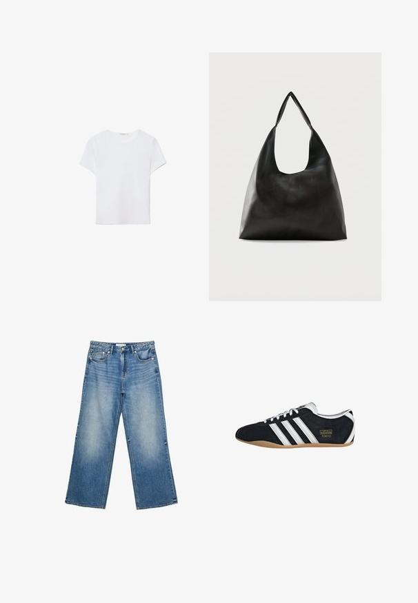 Witte T-shirt met korte mouwen, gemaakt van zachte stof. Heeft een ronde halslijn en een eenvoudig, strak ontwerp met een rechte zoom.; Brede blauwe spijkerbroek van denim met een lichte wasbeurt, voorzien van vijf zakken, een knoopsluiting en zichtbare stiksels langs de naden.; Zwarte suède sneaker met witte drie strepen, gouden logo en een bruine rubberen zool. Heeft een laag profiel vetersluiting ontwerp.; Zwarte schoudertas van glad leer met een brede, enkele band en een nonchalant, minimalistisch ontwerp tegen een effen achtergrond.