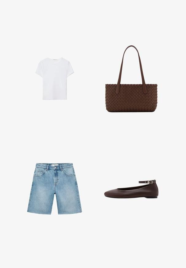 Hvid kortærmet t-shirt lavet af blødt stof. Har en rund halsudskæring og et simpelt, rent design med en lige underkant.; Lyseblå denimshorts med lige snit, fem lommer, frontlukning med knap og flosset kantdetalje. Klassisk denimtekstur.; Mørkebrune flade sko med rund tå og justerbar ankelrem med sølvspænde på hvid baggrund.; Brun læderhåndtaske med et vævet teksturmønster, med to lange, slanke håndtag til skulderbæring.