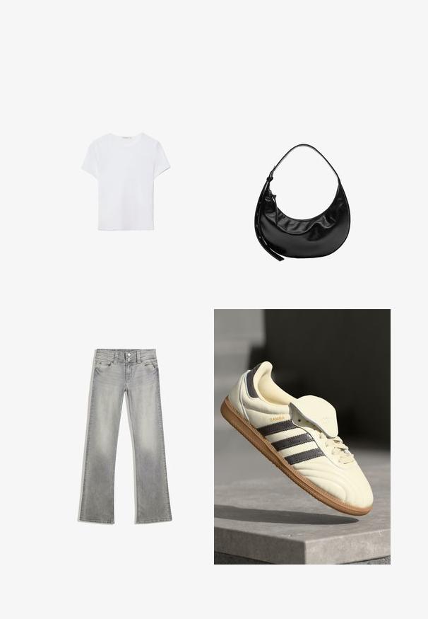 Hvid kortærmet t-shirt lavet af blødt stof. Har en rund halsudskæring og et simpelt, rent design med en lige underkant.; Grå denim flared jeans med en afdæmpet finish, der har en knaplukning, fem lommer og syet detaljering langs taljebåndet og kanten.; Cremefarvede lædersneakers med tre mørke striber, en brun gummisål og en afrundet tå. Har en foldbar tunge mærket "SAMBA."; Sort halvmåneformet læderhåndtaske med kort rem og lynlåslukning med læder trækflig på siden.