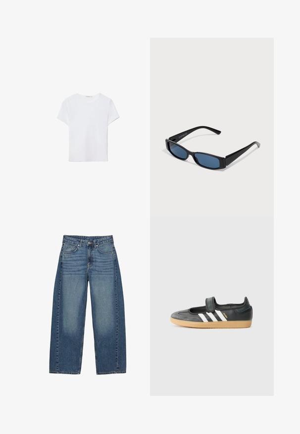 T-shirt blanc à manches courtes en tissu doux. Dispose d'un col rond et d'un design simple et épuré avec un ourlet droit.; Jean bleu à large jambe en denim, avec un design classique à cinq poches, un lavage délavé et des coutures ton sur ton.; Sneaker en cuir noir et suède avec une sangle Velcro, arborant trois bandes blanches et une semelle en caoutchouc, étiqueté "SAMBA" sur le côté.; Lunettes de soleil noires avec une monture rectangulaire élégante et des verres bleus. Présente une texture lisse et des branches robustes. Logo de la marque sur le côté.