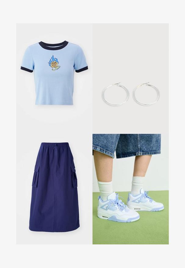 Hellblaues kurzärmeliges Crop-Top mit navyfarbenem geripptem Kragen. Mit einer flammenbestickten gelben Rose und darunterstehendem Text. Weicher Stoff.; Marineblaue, knielange Rock mit elastischem Bund, der über zwei seitliche Cargotaschen und ein minimales Logodesign verfügt. Glatte Stoffoberfläche.; Weiße und hellblaue Sneakers mit Netz-Akzenten, abgerundetem Zeh, Schnürsenkeln und einer Luftdämpfungseinheit, kombiniert mit weißen gerippten Socken und Jeansshorts.; Paar glänzende silberne Creolen mit dünnen Drahtverschlüssen, dargestellt vor einem hellgrauen Hintergrund.