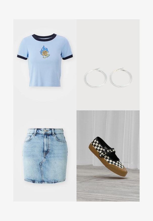 Hele sinine lühikeste varrukatega crop-top, millel on tume sinine soonikkoes krae. Omab kollase roosi flami-embroideringut ja teksti all. Pehme kangatekstuur.; Heled sinine teksaseelik, mis on ideaalsete vormidega, viie tasku, nööbi ja luku sulgemisega ning õmblemisega detailidega hemmi ääres.; Mustvalge ruuduline Mary Jane tennisesaabas pruuni kummitaldiga, musta pandlaga rihmaga, hõljumas heleda puidust põranda ja valgete kardinatega kohal.; Paari läikiva hõbedase rõngaskujulise kõrvarõngastega, millel on õhukesed traatlukkud, kuvatud heleda halli taustal.
