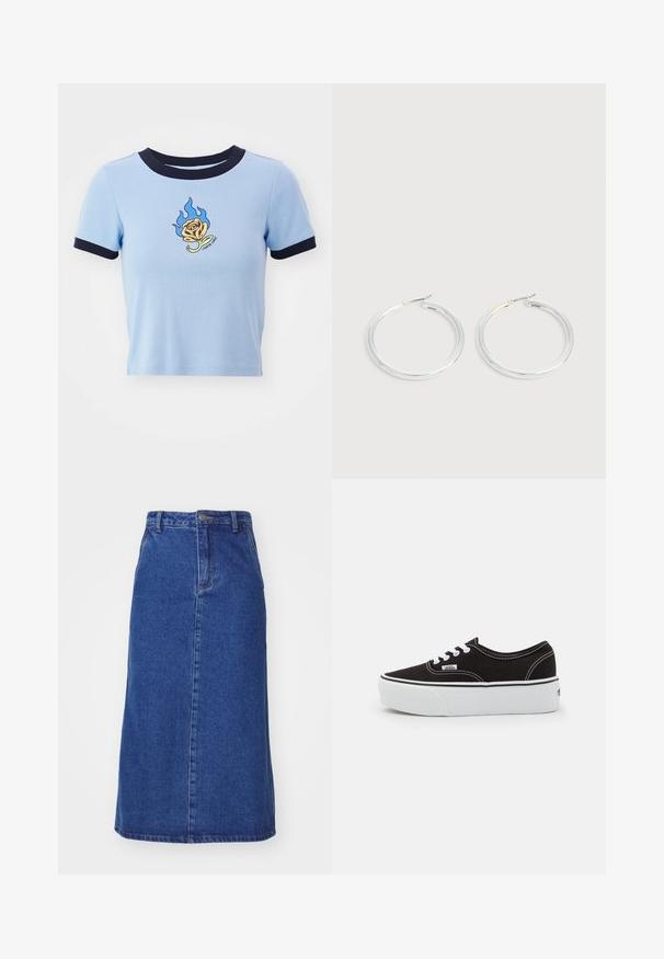 Hellblaues kurzärmeliges Crop-Top mit navyfarbenem geripptem Kragen. Mit einer flammenbestickten gelben Rose und darunterstehendem Text. Weicher Stoff.; Dunkelblauem Denim-Rock mit tailliertem Bund, gerader Silhouette und vorderen Nähten, mit einem Saum, der unter dem Knie endet.; Schwarze Leinensneaker mit einer weißen Gummiplattformsohle, weißen Schnürsenkeln und Nähten, ikonischer Markenaufdruck an der Seite, im Low-Top-Design.; Paar glänzende silberne Creolen mit dünnen Drahtverschlüssen, dargestellt vor einem hellgrauen Hintergrund.