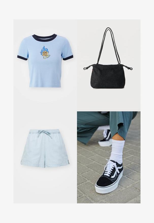 Un crop top court à manches courtes bleu clair avec un col en ribbed marine. Il présente une rose jaune brodée en forme de flamme et du texte en dessous. Texture de tissu douce.; Shorts légers de couleur bleu clair avec une taille élastique et un cordon de serrage. Dotés de poches latérales et d'une coupe décontractée, fabriqués en tissu doux.; Baskets en suède noir avec des accents et des lacets blancs, présentant une épaisse semelle blanche et des coutures contrastantes, associées à une chaussette blanche.; Sac bandoulière en denim noir avec doubles sangles en corde et extrémités nouées de chaque côté, posé sur un fond blanc uni.