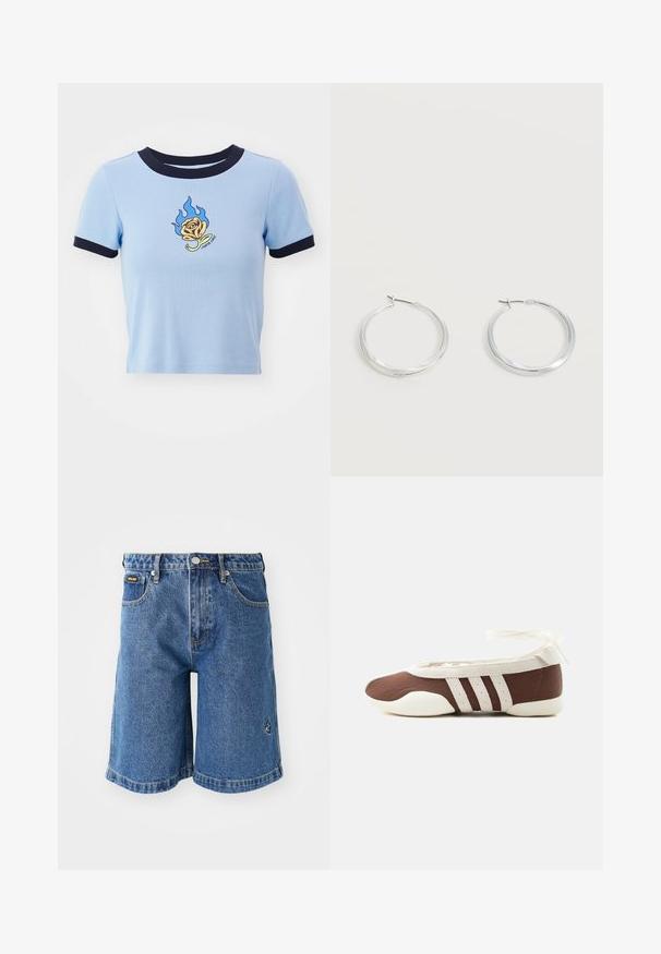 Hele sinine lühikeste varrukatega crop-top, millel on tume sinine soonikkoes krae. Omab kollase roosi flami-embroideringut ja teksti all. Pehme kangatekstuur.; Teksased sinises värvitoonis, sirge lõikega, viie taskuga ja kontrastse kollase õmblusega. Vasakul küljel on väike logo.; Pruun ja valge baleriinjalanõu, millel on kolm valget triipu ja pahkluu paelaga lips, helel taustal.; Hõbedased metallist rõngakujulised kõrvarõngad, millel on sile, kergelt kaarduv pind ja lukustuvad tagused kinnitused, valgel taustal.