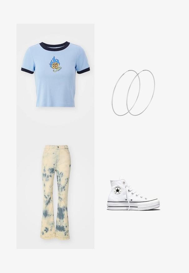 Vaaleansininen lyhythihainen crop-top, jossa on tummansininen ribbikaulus. Sisältää liekkikirjaillun keltaisen ruusun ja tekstiä sen alla. Pehmeä kankaan rakenne.; Flared jeans dalam warna krim muda, dengan pola tie-dye biru. Terbuat dari denim dengan permukaan sedikit bertekstur dan desain lima poket standar.; Valkoinen korkeavartinen Converse Chuck Taylor All Star -tennarikenkä, jossa on musta logoplässi ja valkoiset nauhat, esillä valkoisella taustalla.; Hopehope hopeilla, joissa on minimalistinen muotoilu. Pyöreä muoto, sileä pinta ja ohut profiili. Kevyet ja kiillotetut.