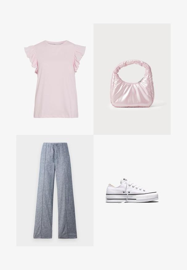 Haut rose clair à manches courtes avec des accents froncés aux épaules. Tissu en coton lisse, décolleté rond et coupe décontractée avec un ourlet droit.; Pantalons larges en tissu bleu clair avec une texture subtile, dotés d'une taille élastiquée et d'un cordon de serrage pour l'ajustement.; Baskets basses en toile blanche avec lacets blancs, bandes noires sur la semelle et embout en caoutchouc texturé, vue de côté sur fond blanc.; Sac à main rose rembourré avec un design arrondi, fabriqué à partir d'un matériau brillant. Dispose d'une poignée froncée et d'une fermeture éclair pour un accès sécurisé.