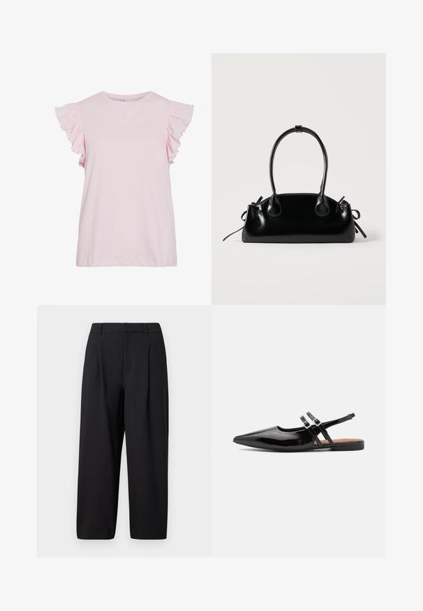 Haut rose clair à manches courtes avec des accents froncés aux épaules. Tissu en coton lisse, décolleté rond et coupe décontractée avec un ourlet droit.; Pantalon noir avec une coupe décontractée, devant plissé, taille plate et texture lisse. Coupé à une longueur raccourcie, adapté pour un usage formel ou décontracté.; Des chaussures slingbacks en cuir verni noir présentent un bout pointu, deux sangles avec des accents de boucle, et une semelle plate.; Petit sac à main noir brillant avec deux longues anses et des détails à cordon sur les côtés sur un fond clair uni.