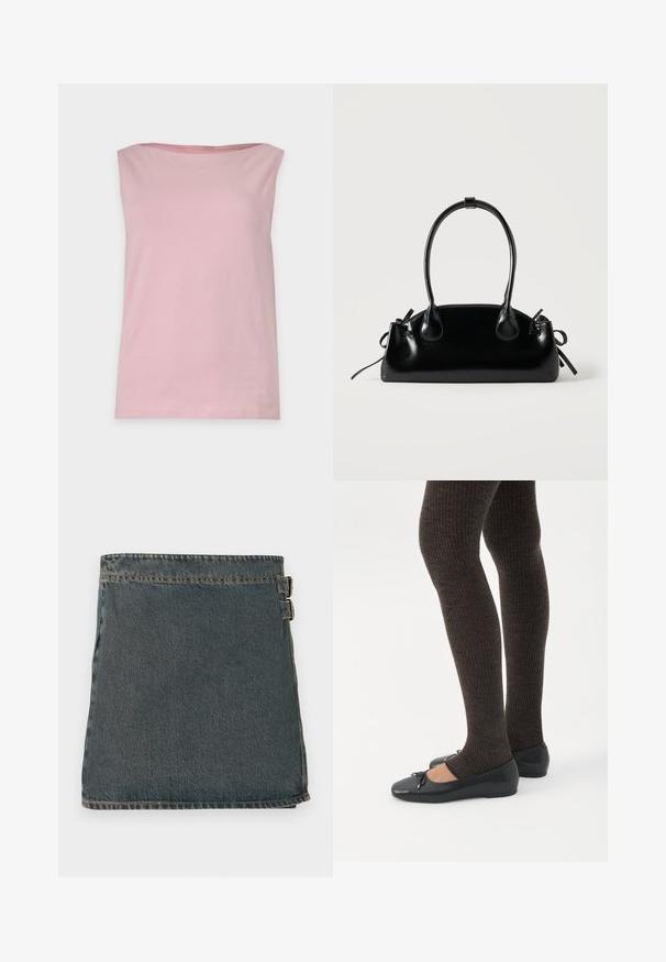 Haut sans manches rose clair avec encolure droite, design simple et sans motifs ni décorations visibles, présenté sur un fond uni.; Jupe en denim bleu foncé avec une surface texturée, dotée de deux boucles latérales et d'un ourlet droit. Coutures visibles le long des bords.; Jambes portant des leggings côtelés foncés associés à des ballerines noires avec de petits détails en nœud sur fond blanc.; Petit sac à main noir brillant avec deux longues anses et des détails à cordon sur les côtés sur un fond clair uni.