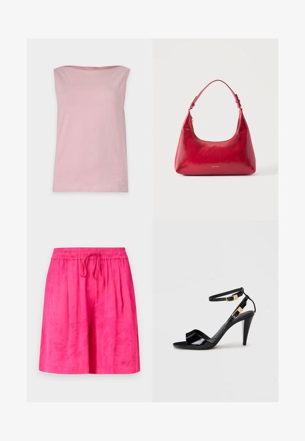 Haut sans manches rose clair avec encolure droite, design simple et sans motifs ni décorations visibles, présenté sur un fond uni.; Shorts roses avec une taille élastique et un cordon de serrage, présentant une texture lisse et un motif tie-dye subtil.; Sandale à talon haut en cuir verni noir avec double bride de cheville et boucles dorées, bout ouvert, et talon effilé sur fond neutre.; Sac à épaule en cuir rouge avec fermeture éclair dorée et sangle réglable, logo Calvin Klein centré à l'avant.