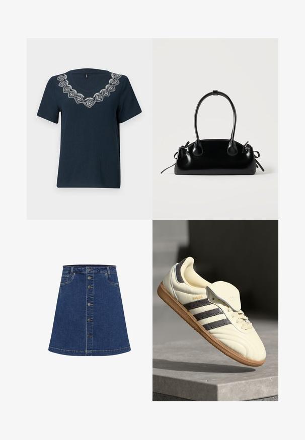 Camiseta de color azul marino con mangas cortas y cuello en V. Presenta un patrón geométrico bordado en blanco alrededor del escote. Tejido texturizado.; Falda de mezclilla en línea A de color azul oscuro con cierre de botones en el frente y costuras en contraste. Presenta dos bolsillos laterales y un dobladillo por encima de la rodilla.; Zapatilla de cuero crema con tres rayas oscuras, suela de goma marrón y punta redondeada. Cuenta con una lengüeta plegable etiquetada como "SAMBA".; Pequeño bolso negro brillante con dos asas largas y detalles de cordón lateral sobre un fondo claro liso.