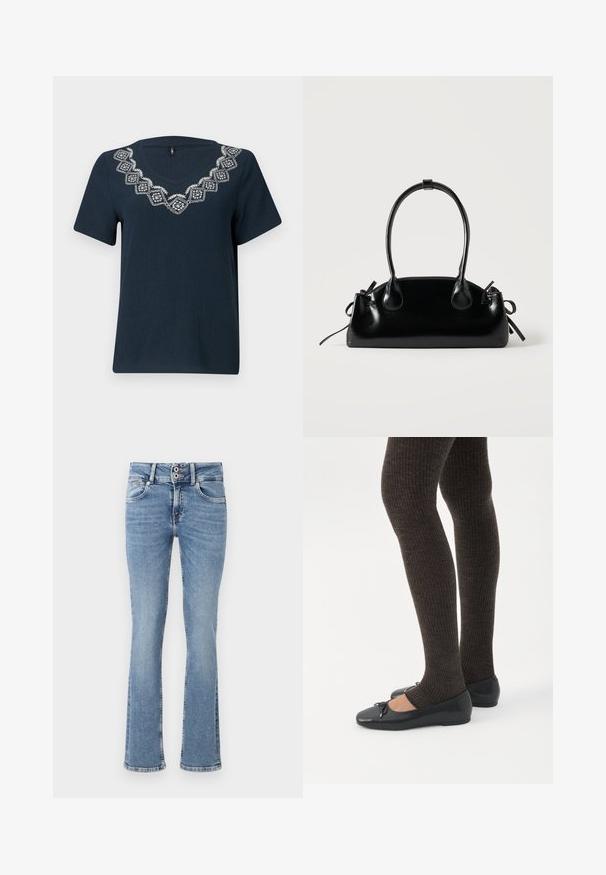 Camiseta de color azul marino con mangas cortas y cuello en V. Presenta un patrón geométrico bordado en blanco alrededor del escote. Tejido texturizado.; Pantalones vaqueros de mezclilla azul de pierna acampanada con un lavado medio, cierre de botones, diseño de cinco bolsillos y detalles cosidos en los bolsillos y el dobladillo.; Piernas con leggings oscuros acanalados combinados con bailarinas negras que presentan pequeños detalles de lazo sobre un fondo blanco.; Pequeño bolso negro brillante con dos asas largas y detalles de cordón lateral sobre un fondo claro liso.