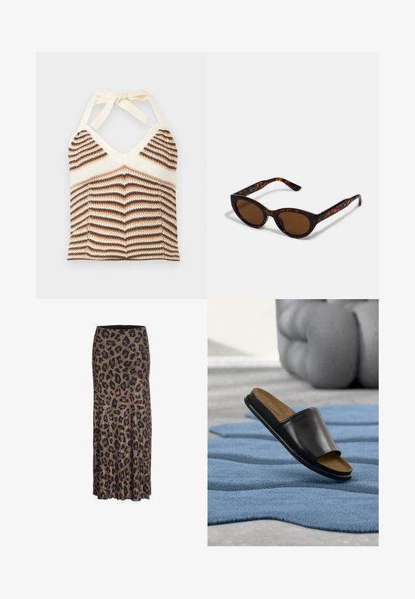 Strikket halterneck crop top med brune og cremefargede chevronstriber og bindelukning ved halsen.; Leopardprint nederdel i brune og sorte nuancer, med et flydende design og en subtil flæsekant, fremstillet af et let og blødt stof.; Sort læderslide sandal med brun fodseng hvilende på tekstureret blå måtte, med sløret stor grå skulptur i baggrunden.; Brune skildpadde solbriller med en vintage katteøje-form og brune linser. Har buede arme med røde detaljer.