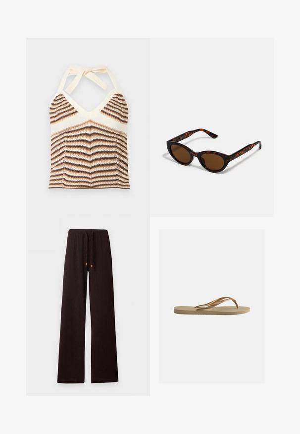 Gestricktes Crop-Top mit Neckholder, braun-weißen Chevron-Streifen und Bindverschluss am Hals.; Dunkelbraune, weit geschnittene Hose mit elastischem Bund und Kordelzug mit kleinen Holzperlen, flach auf weißem Hintergrund liegend.; Beige Flip-Flop-Sandale mit profilierter Sohle und bronzefarbenen, metallischen Y-förmigen Riemen vor schlichtem weißem Hintergrund.; Braune Schildpatt-Sonnenbrille mit einer Vintage-Cat-Eye-Form und braunen Gläsern. Verfügt über gebogene Bügel mit roten Akzenten.