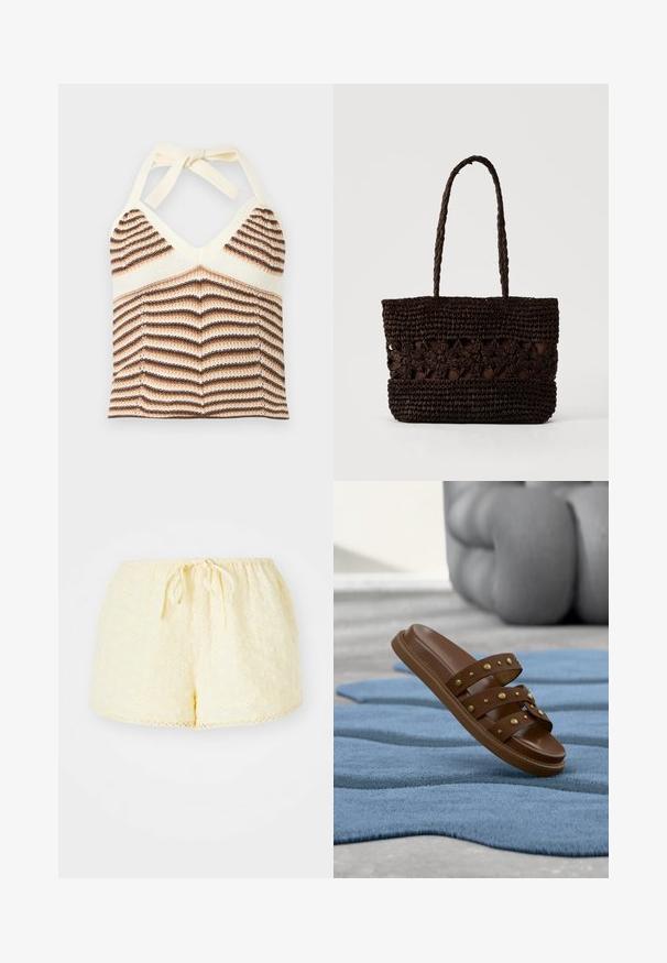 Strikket halterneck crop top med brune og cremefargede chevronstriber og bindelukning ved halsen.; Gule bomulds shorts med elastisk talje og snor. Har broderede blomster mønstre og en scallop kantdetalje.; Brun slidesandal med tre nittebesatte remme, der hviler på et tekstureret blåt tæppe med en grå skulpturel genstand i baggrunden.; Mørkebrun flettet taske med blomsterprint og to lange fletdet håndtag på en ensfarvet lys baggrund.
