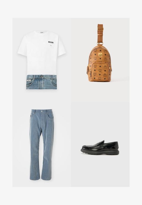 Hvid T-shirt med denimtryk nederst, med lommer og syninger. "Moschino"-logo trykt på øverste venstre side.; Lyseblå fløjlsbukser med knap- og lynlåsåbning, forlommer og lige ben på hvid baggrund.; Sort læderloafer med en blank finish, rund tå, subtile syninger og en tyk gummisål for holdbarhed.; Lille tan farvet læder crossbody taske med justerbar rem, front lynlåslomme og gentagende sort MCM-logo mønster.