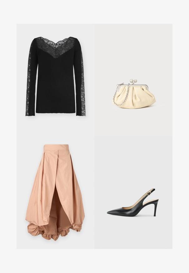 Sort, ribbet langærmet top med blomsterblonde V-udskæring og blondepaneler, der løber ned langs begge ærmer.; Peachfarvet puffskørt lavet af letvægtsstof, med en samlet søm og plisseret design i taljen for en voluminøs silhuet.; Sorte læder slingback højhælede sko med spids tå, justerbar rem og en slank stiletto hæl, der har en glat finish.; Plisseret beige læderclutch med en sølvmetalramme, der har to runde dekorative låse og en sølvkædetrasporte.