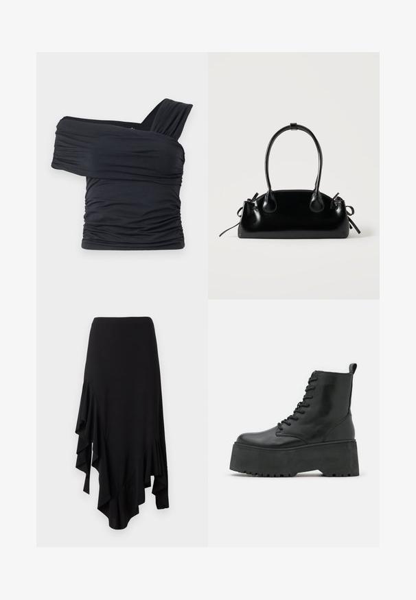 Zwarte off-shoulder top gemaakt van zachte, rekbare stof, met gerimpelde details en een bredere bandontwerp aan één kant.; Zwarte asymmetrische rok met geplooide, gedrapeerde panelen aan beide zijden, knielengte aan de ene kant en langer aan de andere.; Zwarte enkelboots met een stevige plateauzool, gemaakt van glad leer, met een vetersluiting en een lipje aan de achterkant.; Kleine zwarte glanzende handtas met twee lange hengsels en zijkant trekkoord details op een effen lichte achtergrond.