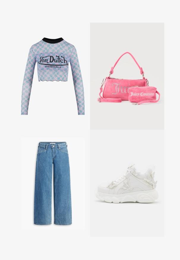 Afgesneden langemouwen top van doorzichtig lila stof met een turquoise grafisch patroon en zwarte halslijn; heeft een gegolfde zoom en een logo-opdruk.; Lichtblauwe wijde jeans van denim, met een hoge taille, vijf zakken en een klassieke knoopsluiting. Recht gesneden van de dij tot de zoom.; Witte chunky sneaker met dikke zool en decoratieve 3D vlinderaccenten aan de zijkant, veters en hiel.; Twee roze Juicy Couture-tassen, één grotere met kristallen letters en een handvat, één kleinere met witte letters en een polsriempje, op een grijze achtergrond.