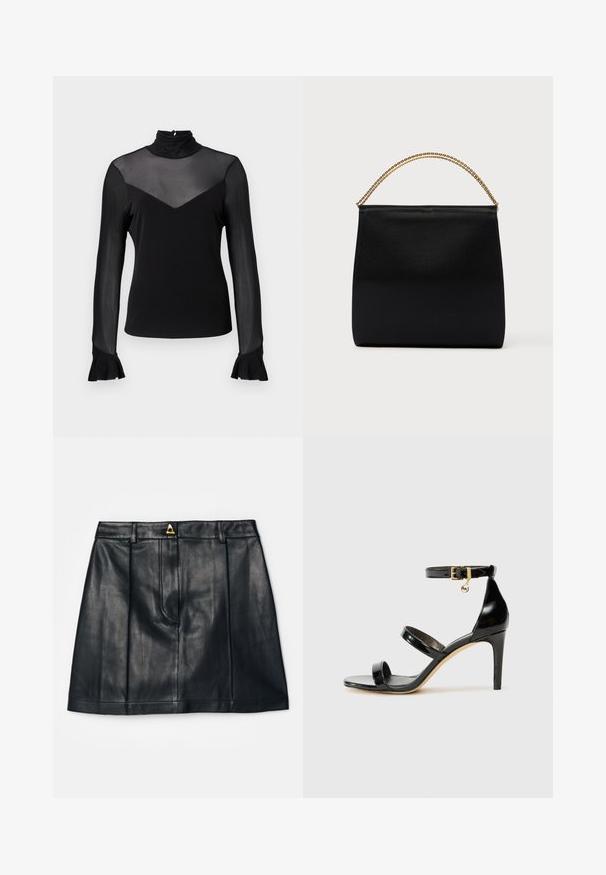 Zwarte top met lange mouwen en een hoge kraag. Heeft doorschijnende stof op de schouders en een v-vormige uitsnijding bij de borst. Klokvormige mouwen bij de manchetten.; AERON RUDENS SKIRT - A-lijn rok - black; Zwarte gepatineerde leren sandaal met drie banden, enkelgesp en 10 cm hoge stiletto hak. Bevat gouden hardwaredetails en een logo charm.; Zwarte tas van gladde stof met een gestructureerde vorm, een handvat van gouden ketting en een minimalistisch geometrisch ontwerp.