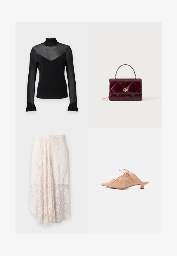 Top negro de manga larga con cuello alto. Presenta tela transparente en los hombros y un corte en forma de V en el pecho. Mangas acampanadas en los puños.; Falda maxi de encaje en beige claro con patrones florales, sobrecapa transparente y cinturilla elástica. Presenta una silueta fluida y en capas.; Zueco de mujer de cuero beige con puntera puntiaguda, parte superior fruncida, cordón ajustable y tacón bajo de estilo kitten sobre fondo blanco.; Bolso pequeño de cuero burdeos oscuro con diseño acolchado, cierre con logo dorado, asa superior y correa de cadena dorada sobre fondo blanco.