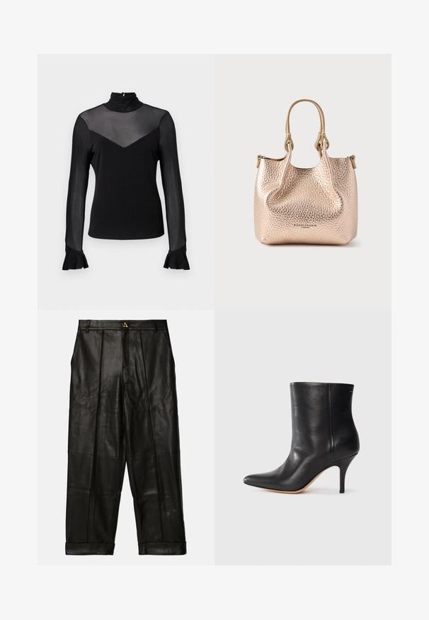 Sort langærmet overdel med høj krave. Har gennemsigtigt stof på skuldrene og en v-formet udskæring ved brystet. Klokkeærmer ved manchetterne.; AERON ZIMA PANTS - Skindbukser - black; Sort læder ankelstøvle med spids tå, slank stiletthæl og glat tekstur. Minimalistisk design uden synligt hardware eller accenter.; Metalisk lyserød lædertaske med en tekstureret overflade, to håndtag og en rund form. Har brandlogo på fronten.