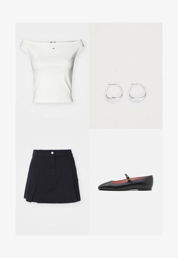 Witte off-the-shoulder top van zachte katoen, met een getailleerd ontwerp en een klein logo in rood, wit en blauw in het midden.; Zwarte katoenen rok met een geplooid ontwerp, knoopsluiting en riemlussen. Korte lengte met een gladde textuur en geen zichtbare patronen.; Zwarte leren platte schoen met een spitse neus en enkelband met een gouden gesp. Gladde textuur met een iets glanzende afwerking.; Zilveren creolen met een gepolijste afwerking en DKNY-branding, weergegeven tegen een effen witte achtergrond.