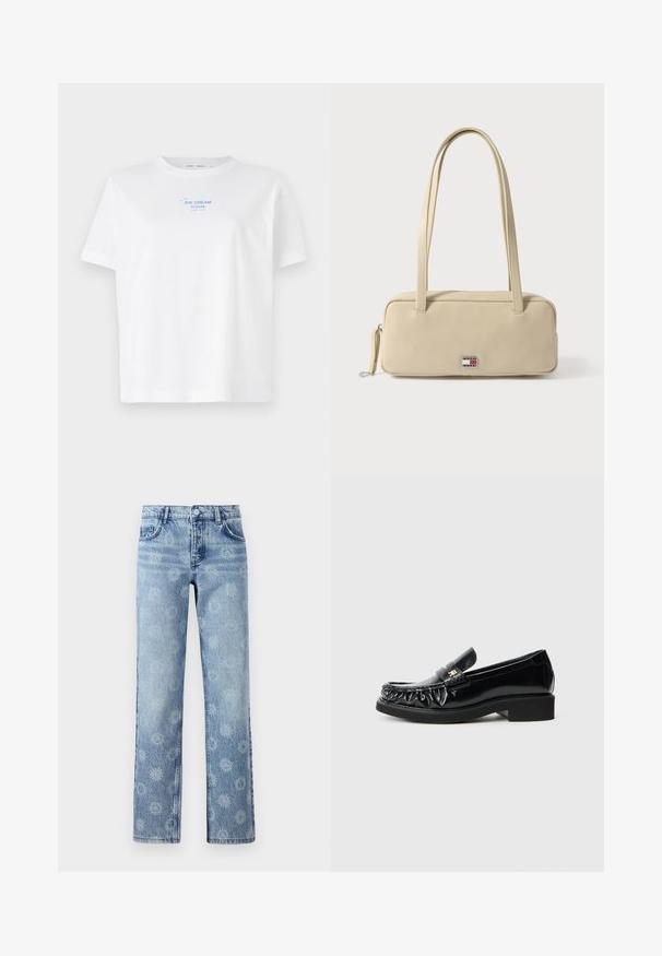 Witte katoenen t-shirt met een ronde hals en korte mouwen, met daarop in blauwe druk de tekst "ICE CREAM PLEASE" boven een eenvoudige lijntekening van een ijshoorntje.; Lichtblauwe denim jeans met een licht vervaagde afwerking, voorzien van een bloemenpatroon, vijf zakken en een recht gesneden pijp.; Zwarte gepatineerde leren loafers met een decoratieve gathered rand, vlakke rubberen zool en een kleine metalen logo-accent op de band.; Beige rechthoekige handtas gemaakt van glad materiaal met twee handvatten, een ritsluiting en een metalen logo-accent met merknaam aan de voorkant.