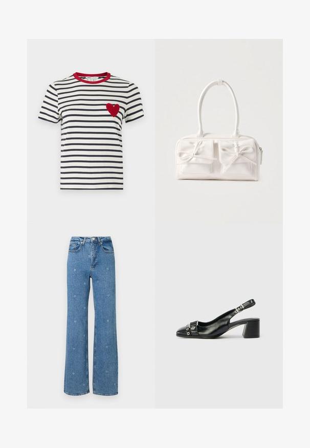 Gestreiftes T-Shirt mit blauen und weißen horizontalen Streifen, einem roten Kragen und einer strukturierten roten Herzapplikation auf der linken Brust.; Blaue, hoch taillierte Straight-Leg-Jeans mit kleinen, weißen Blumenstickereien, die über den Stoff verteilt sind.; Schwarze Leder-Slingback-Pumps mit spitzem Vorderteil, strukturiertem Riemen mit runden metallischen Akzenten und gestapeltem Blockabsatz.; Weiße synthetische Handtasche mit zwei vorderen Taschen, jeweils mit einer gebundenen Schleifendekoration. Glatte Textur, abgerundete Griffe und Reißverschluss.