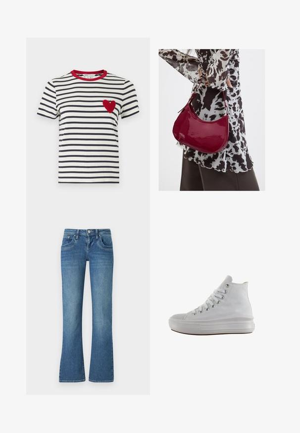 T-shirt rayé avec des rayures horizontales bleu marine et blanches, un col rouge et un appliqué en forme de cœur rouge texturé sur la poitrine gauche.; Jeans flares bleu clair en denim, dotés de cinq poches, de coutures contrastées et d'une fermeture à bouton à la taille.; Baskets montantes en toile blanche avec lacets blancs, œillets métalliques, semelle épaisse en caoutchouc et bout texturé, orientées vers la gauche sur fond blanc.; Femme portant un chemisier à motif noir et blanc tenant un sac à main rouge brillant sur un fond uni.